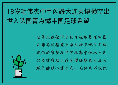 18岁毛伟杰中甲闪耀大连英博横空出世入选国青点燃中国足球希望 18岁毛伟杰中甲闪耀大连英博横空出世入选国青点燃中国足球希望